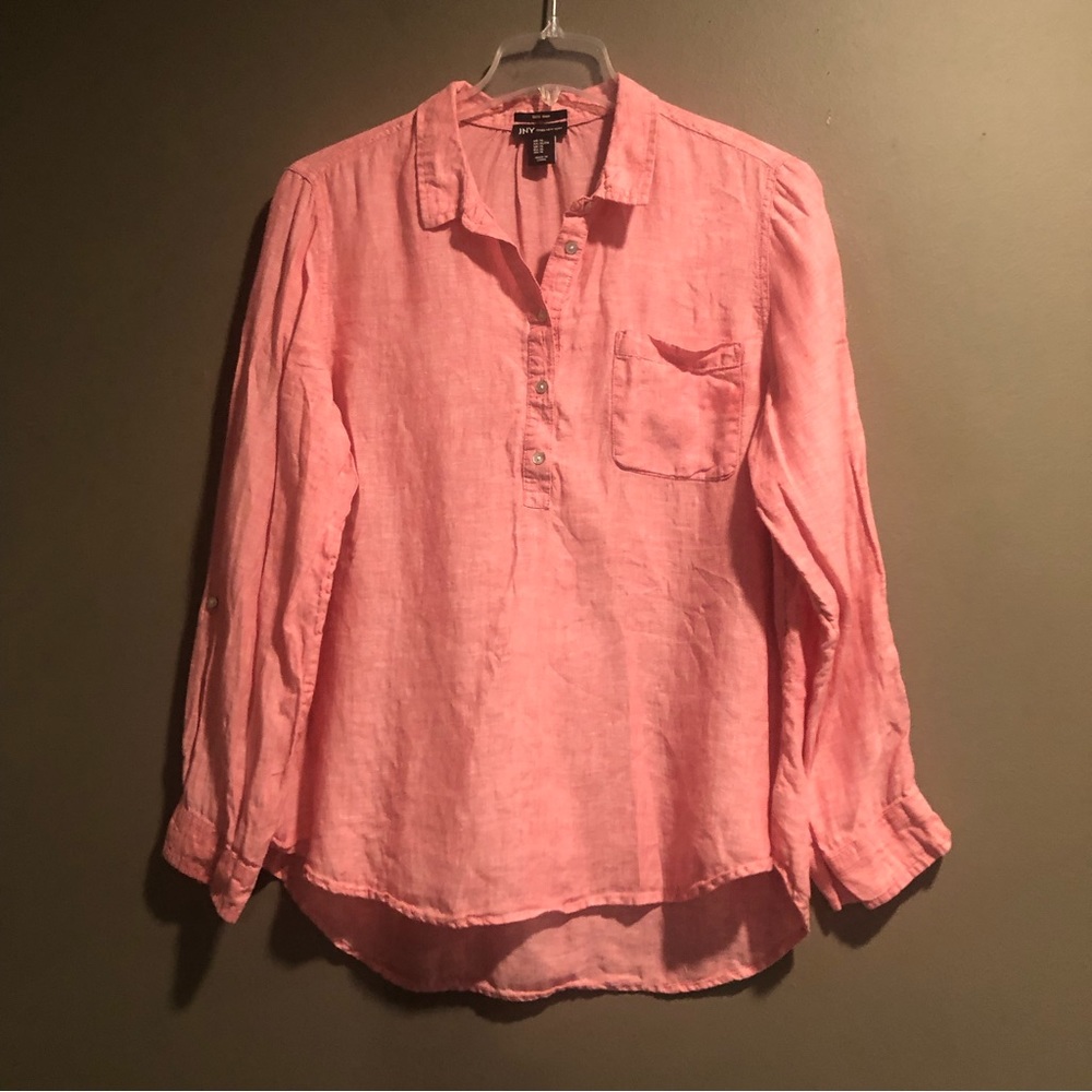 Jones New York 100% Linen 1/2 Button Pull On Pink Top XL